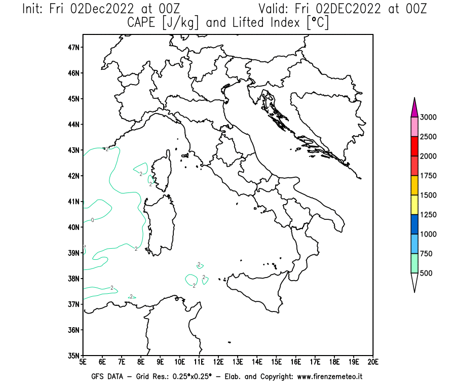 Mappa di analisi GFS - CAPE [J/kg] e Lifted Index [°C] in Italia
							del 02/12/2022 00 <!--googleoff: index-->UTC<!--googleon: index-->
