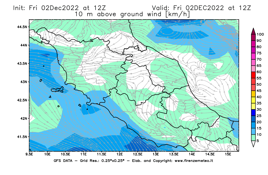 Mappa di analisi GFS - Velocità del vento a 10 metri dal suolo [km/h] in Centro-Italia
							del 02/12/2022 12 <!--googleoff: index-->UTC<!--googleon: index-->