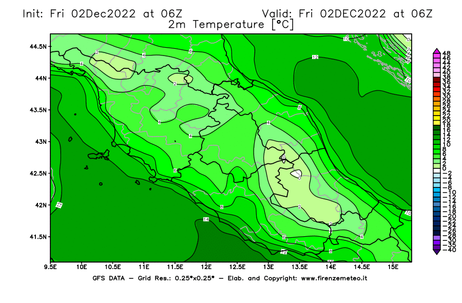 Mappa di analisi GFS - Temperatura a 2 metri dal suolo [°C] in Centro-Italia
							del 02/12/2022 06 <!--googleoff: index-->UTC<!--googleon: index-->