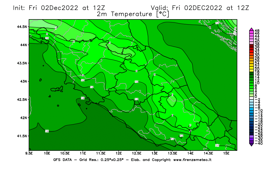 Mappa di analisi GFS - Temperatura a 2 metri dal suolo [°C] in Centro-Italia
							del 02/12/2022 12 <!--googleoff: index-->UTC<!--googleon: index-->