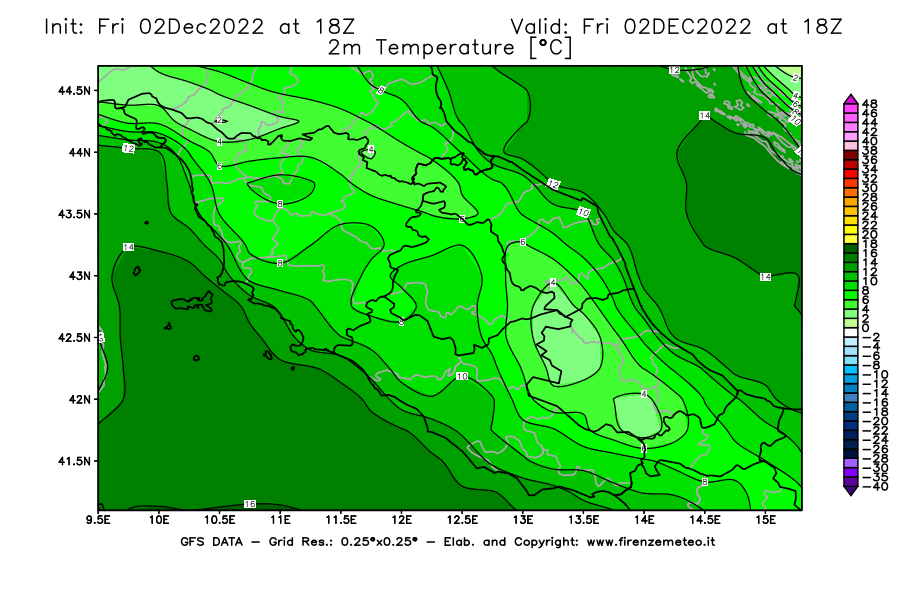 Mappa di analisi GFS - Temperatura a 2 metri dal suolo [°C] in Centro-Italia
							del 02/12/2022 18 <!--googleoff: index-->UTC<!--googleon: index-->