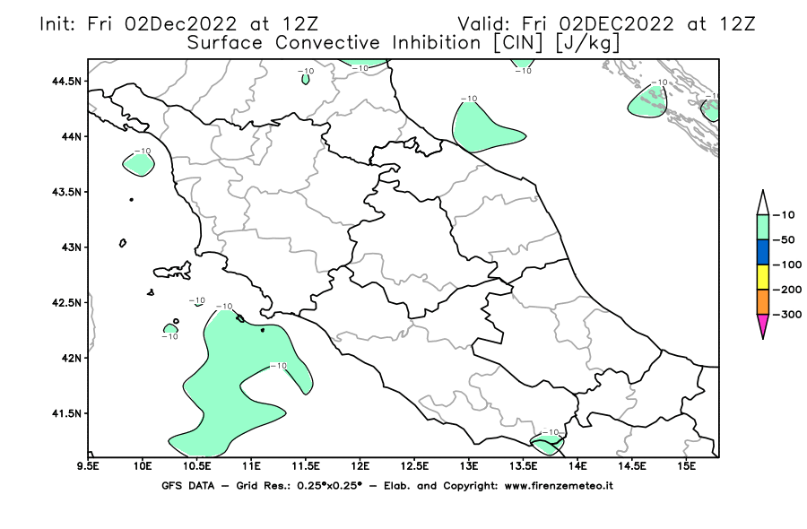 Mappa di analisi GFS - CIN [J/kg] in Centro-Italia
							del 02/12/2022 12 <!--googleoff: index-->UTC<!--googleon: index-->