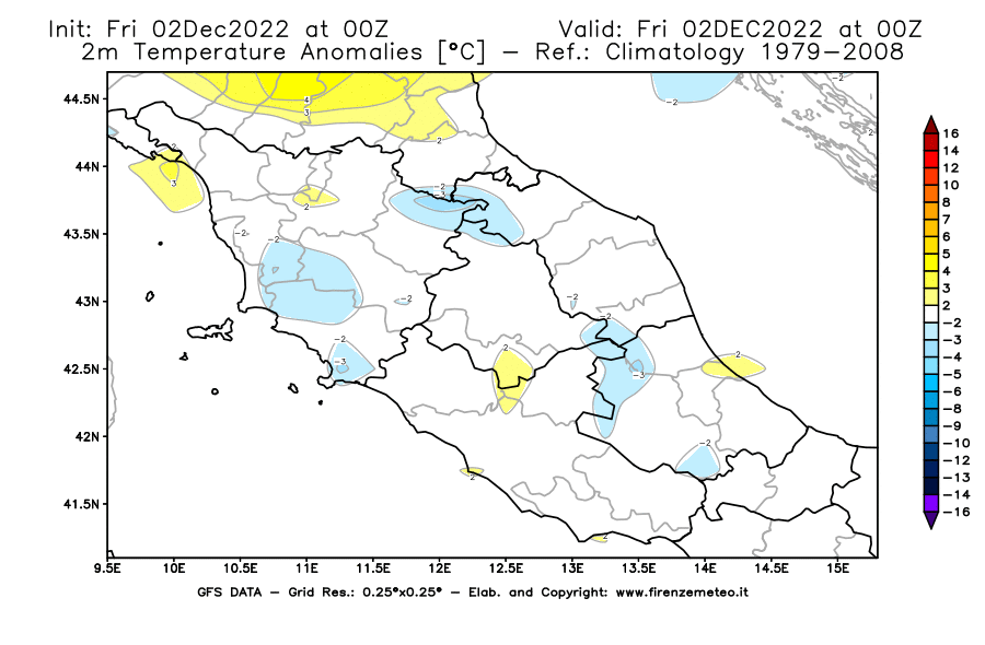 Mappa di analisi GFS - Anomalia Temperatura [°C] a 2 m in Centro-Italia
							del 02/12/2022 00 <!--googleoff: index-->UTC<!--googleon: index-->