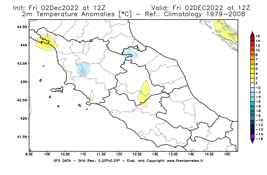 Mappa di analisi GFS - Anomalia Temperatura [°C] a 2 m in Centro-Italia
							del 02/12/2022 12 <!--googleoff: index-->UTC<!--googleon: index-->