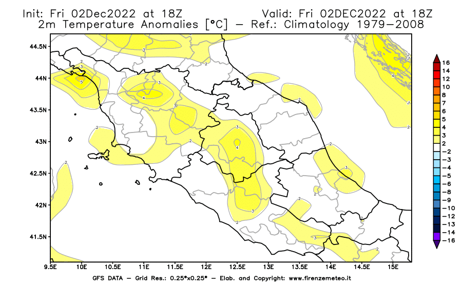 Mappa di analisi GFS - Anomalia Temperatura [°C] a 2 m in Centro-Italia
							del 02/12/2022 18 <!--googleoff: index-->UTC<!--googleon: index-->