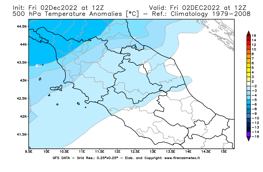 Mappa di analisi GFS - Anomalia Temperatura [°C] a 500 hPa in Centro-Italia
							del 02/12/2022 12 <!--googleoff: index-->UTC<!--googleon: index-->