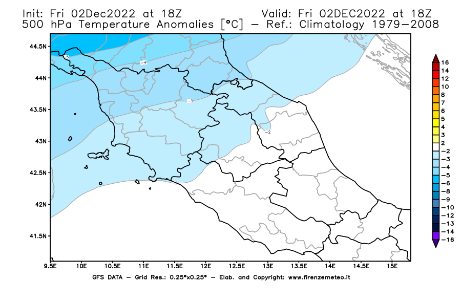 Mappa di analisi GFS - Anomalia Temperatura [°C] a 500 hPa in Centro-Italia
							del 02/12/2022 18 <!--googleoff: index-->UTC<!--googleon: index-->
