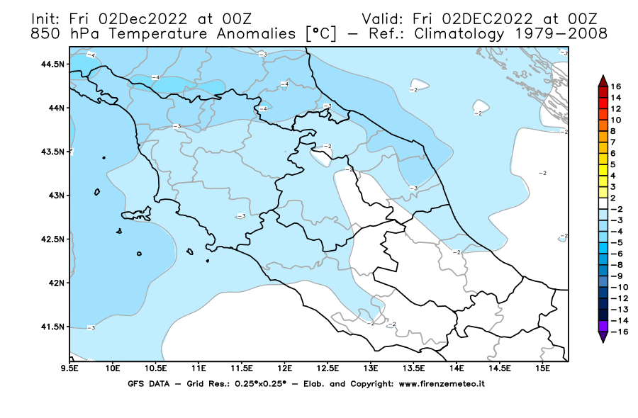 Mappa di analisi GFS - Anomalia Temperatura [°C] a 850 hPa in Centro-Italia
							del 02/12/2022 00 <!--googleoff: index-->UTC<!--googleon: index-->