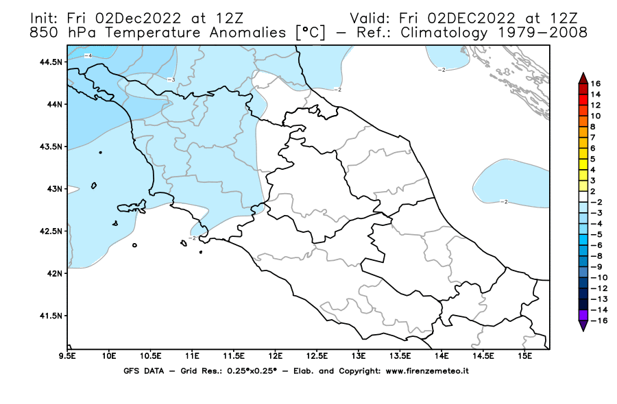 Mappa di analisi GFS - Anomalia Temperatura [°C] a 850 hPa in Centro-Italia
							del 02/12/2022 12 <!--googleoff: index-->UTC<!--googleon: index-->
