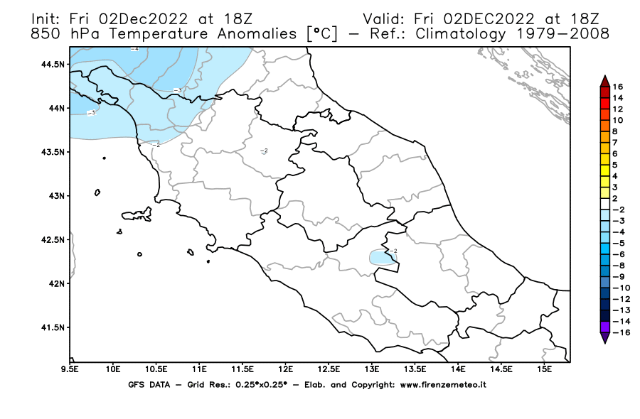 Mappa di analisi GFS - Anomalia Temperatura [°C] a 850 hPa in Centro-Italia
							del 02/12/2022 18 <!--googleoff: index-->UTC<!--googleon: index-->