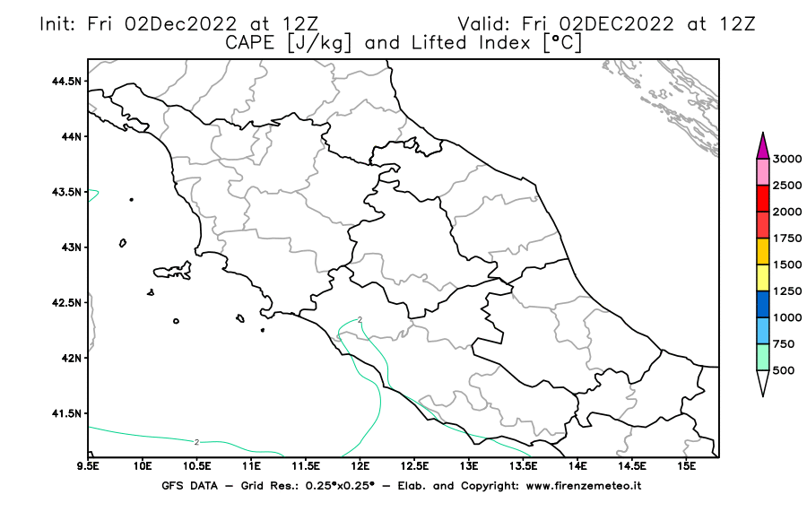 Mappa di analisi GFS - CAPE [J/kg] e Lifted Index [°C] in Centro-Italia
							del 02/12/2022 12 <!--googleoff: index-->UTC<!--googleon: index-->