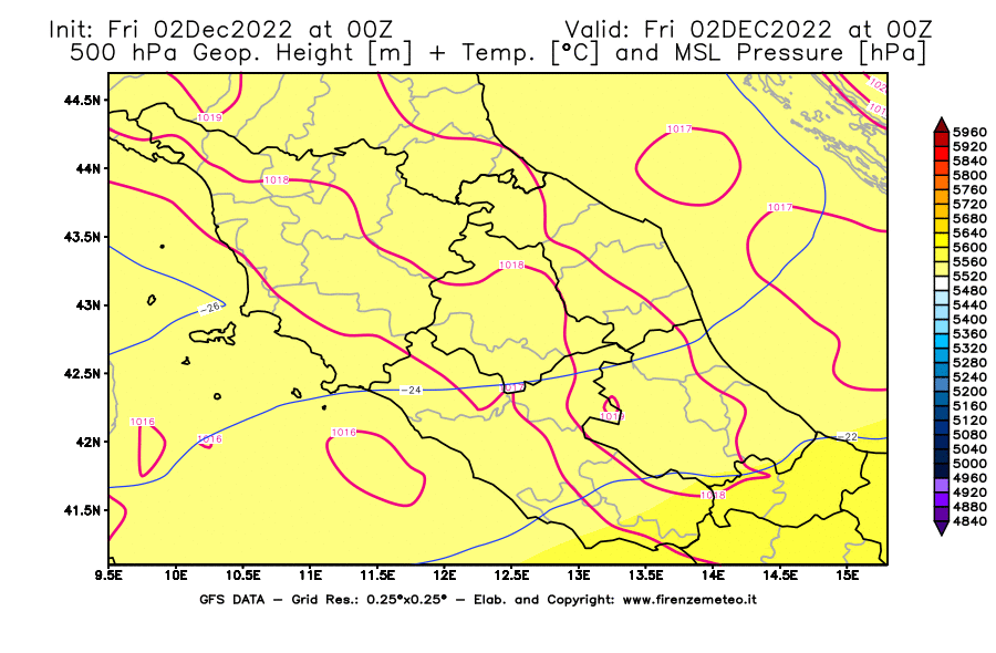 Mappa di analisi GFS - Geopotenziale [m] + Temp. [°C] a 500 hPa + Press. a livello del mare [hPa] in Centro-Italia
							del 02/12/2022 00 <!--googleoff: index-->UTC<!--googleon: index-->