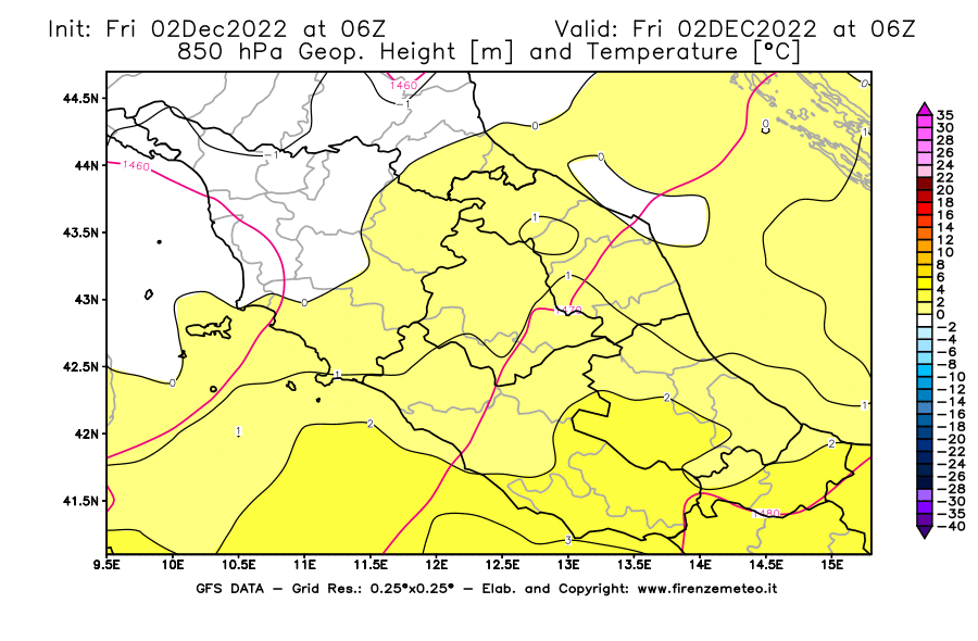 Mappa di analisi GFS - Geopotenziale [m] e Temperatura [°C] a 850 hPa in Centro-Italia
							del 02/12/2022 06 <!--googleoff: index-->UTC<!--googleon: index-->