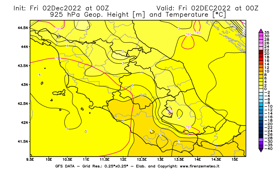 Mappa di analisi GFS - Geopotenziale [m] e Temperatura [°C] a 925 hPa in Centro-Italia
							del 02/12/2022 00 <!--googleoff: index-->UTC<!--googleon: index-->