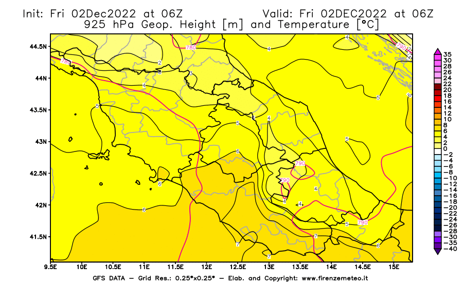 Mappa di analisi GFS - Geopotenziale [m] e Temperatura [°C] a 925 hPa in Centro-Italia
							del 02/12/2022 06 <!--googleoff: index-->UTC<!--googleon: index-->