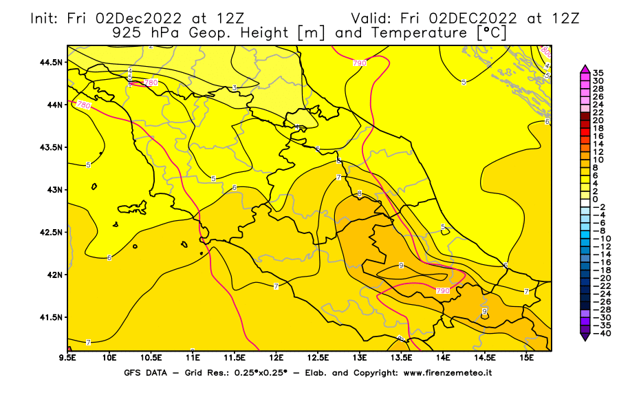 Mappa di analisi GFS - Geopotenziale [m] e Temperatura [°C] a 925 hPa in Centro-Italia
							del 02/12/2022 12 <!--googleoff: index-->UTC<!--googleon: index-->
