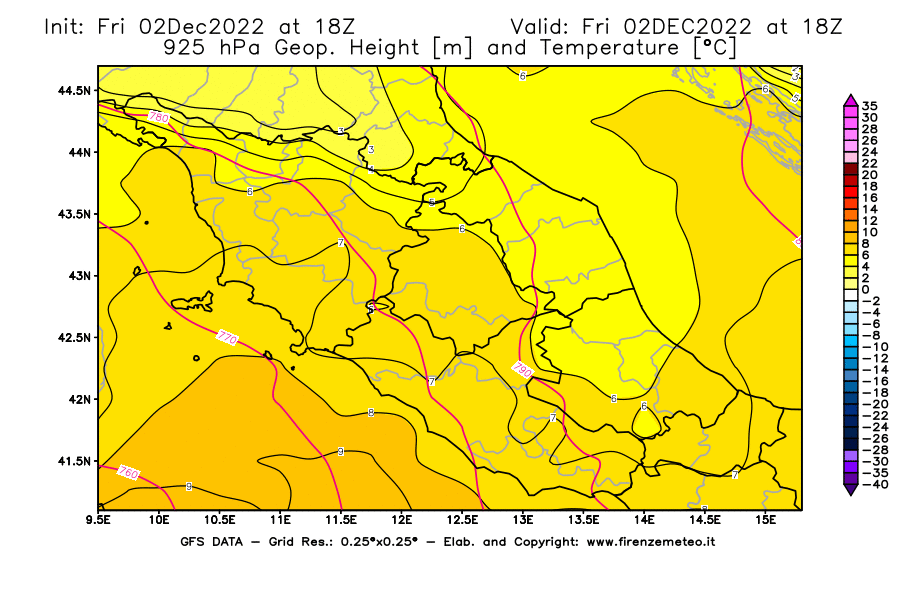 Mappa di analisi GFS - Geopotenziale [m] e Temperatura [°C] a 925 hPa in Centro-Italia
							del 02/12/2022 18 <!--googleoff: index-->UTC<!--googleon: index-->