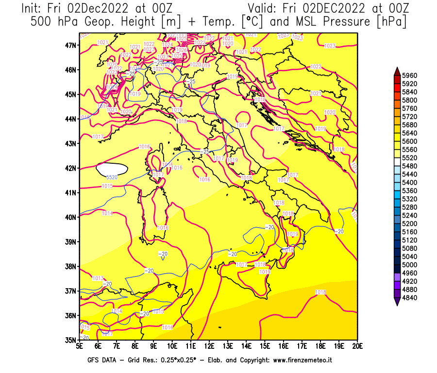Mappa di analisi GFS - Geopotenziale [m] + Temp. [°C] a 500 hPa + Press. a livello del mare [hPa] in Italia
							del 02/12/2022 00 <!--googleoff: index-->UTC<!--googleon: index-->