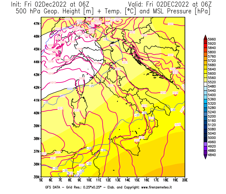 Mappa di analisi GFS - Geopotenziale [m] + Temp. [°C] a 500 hPa + Press. a livello del mare [hPa] in Italia
							del 02/12/2022 06 <!--googleoff: index-->UTC<!--googleon: index-->