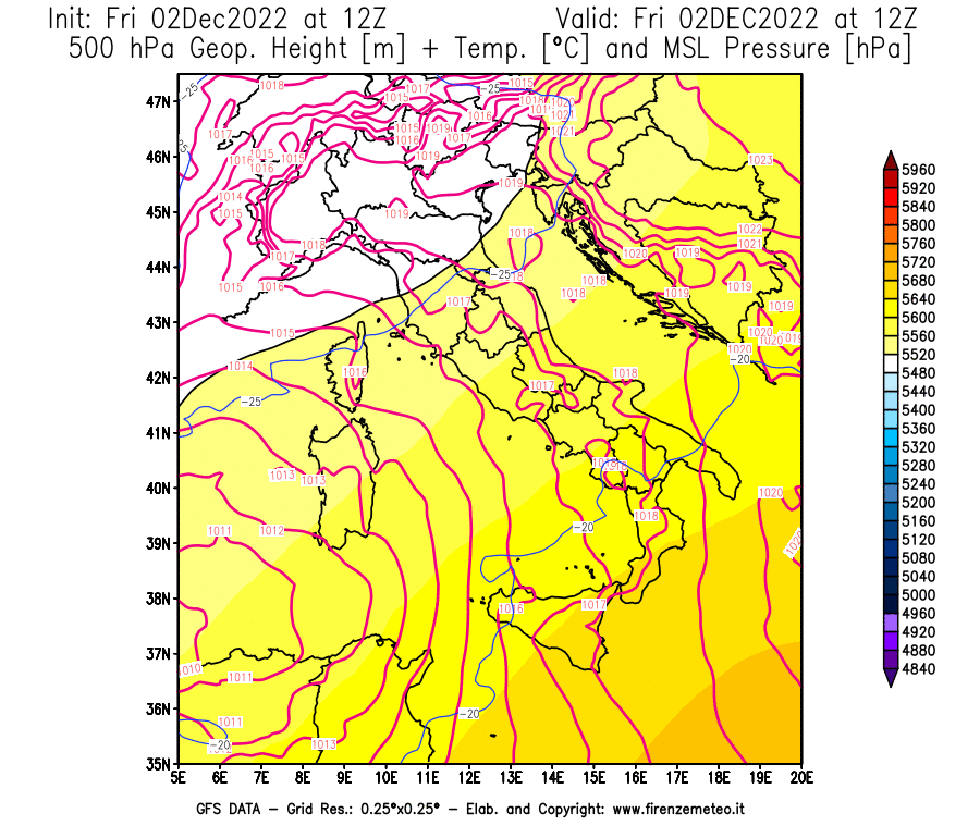 Mappa di analisi GFS - Geopotenziale [m] + Temp. [°C] a 500 hPa + Press. a livello del mare [hPa] in Italia
							del 02/12/2022 12 <!--googleoff: index-->UTC<!--googleon: index-->