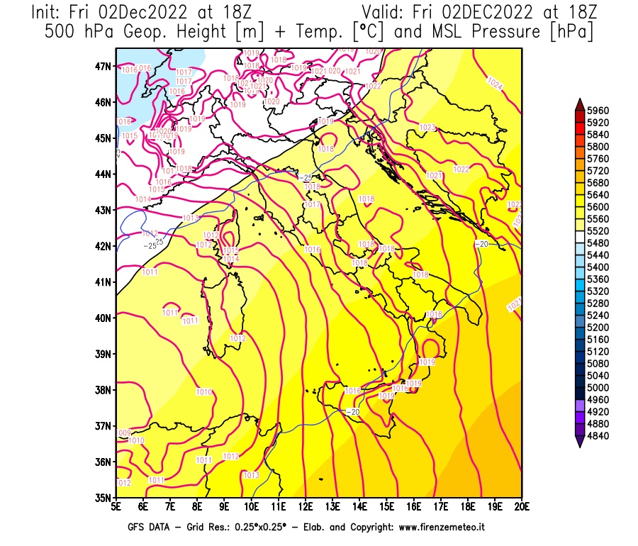 Mappa di analisi GFS - Geopotenziale [m] + Temp. [°C] a 500 hPa + Press. a livello del mare [hPa] in Italia
							del 02/12/2022 18 <!--googleoff: index-->UTC<!--googleon: index-->