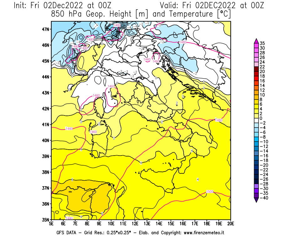Mappa di analisi GFS - Geopotenziale [m] e Temperatura [°C] a 850 hPa in Italia
							del 02/12/2022 00 <!--googleoff: index-->UTC<!--googleon: index-->