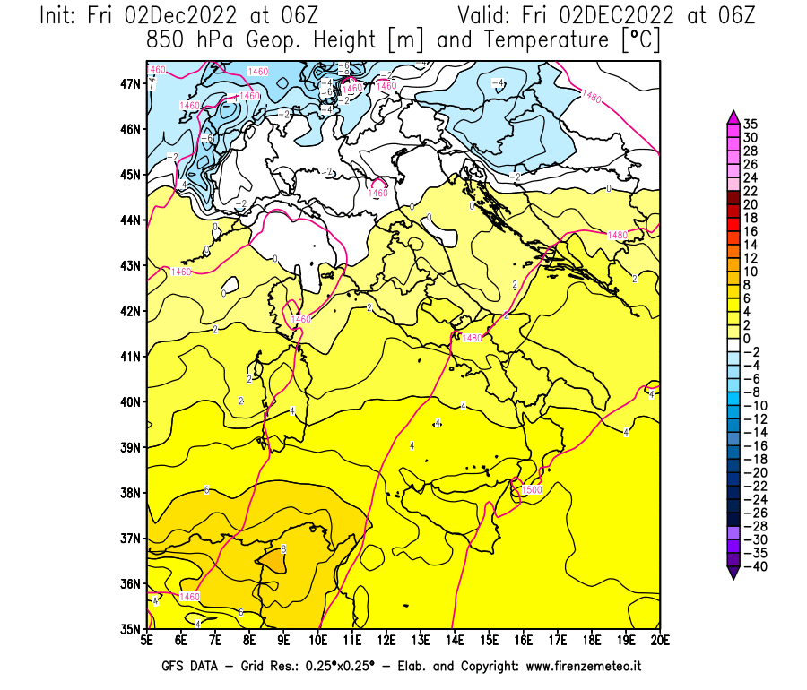 Mappa di analisi GFS - Geopotenziale [m] e Temperatura [°C] a 850 hPa in Italia
							del 02/12/2022 06 <!--googleoff: index-->UTC<!--googleon: index-->