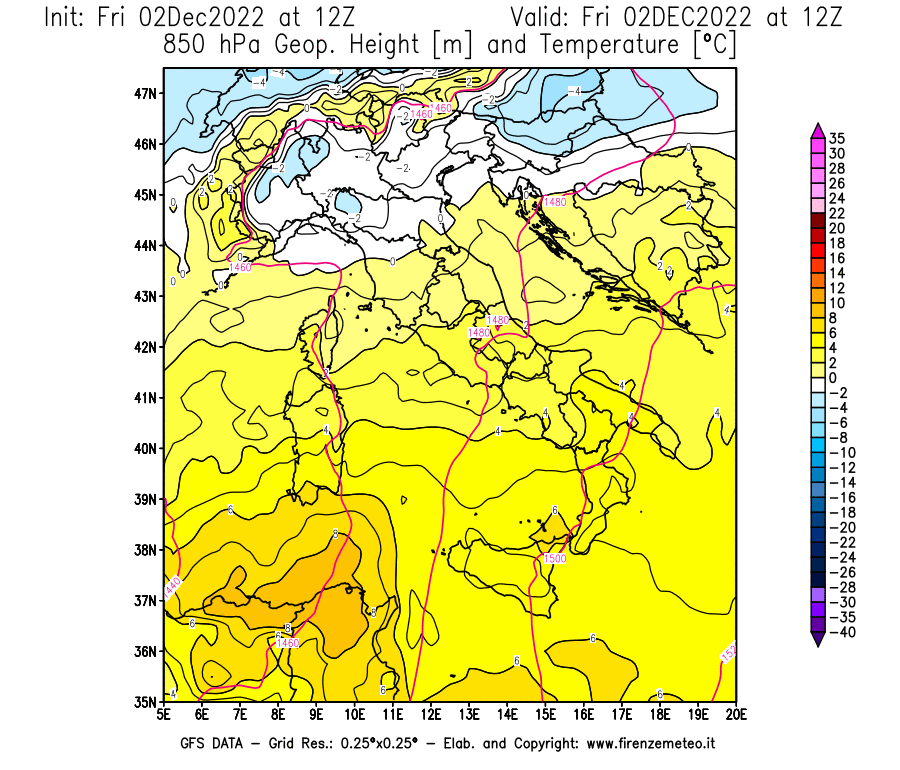 Mappa di analisi GFS - Geopotenziale [m] e Temperatura [°C] a 850 hPa in Italia
							del 02/12/2022 12 <!--googleoff: index-->UTC<!--googleon: index-->