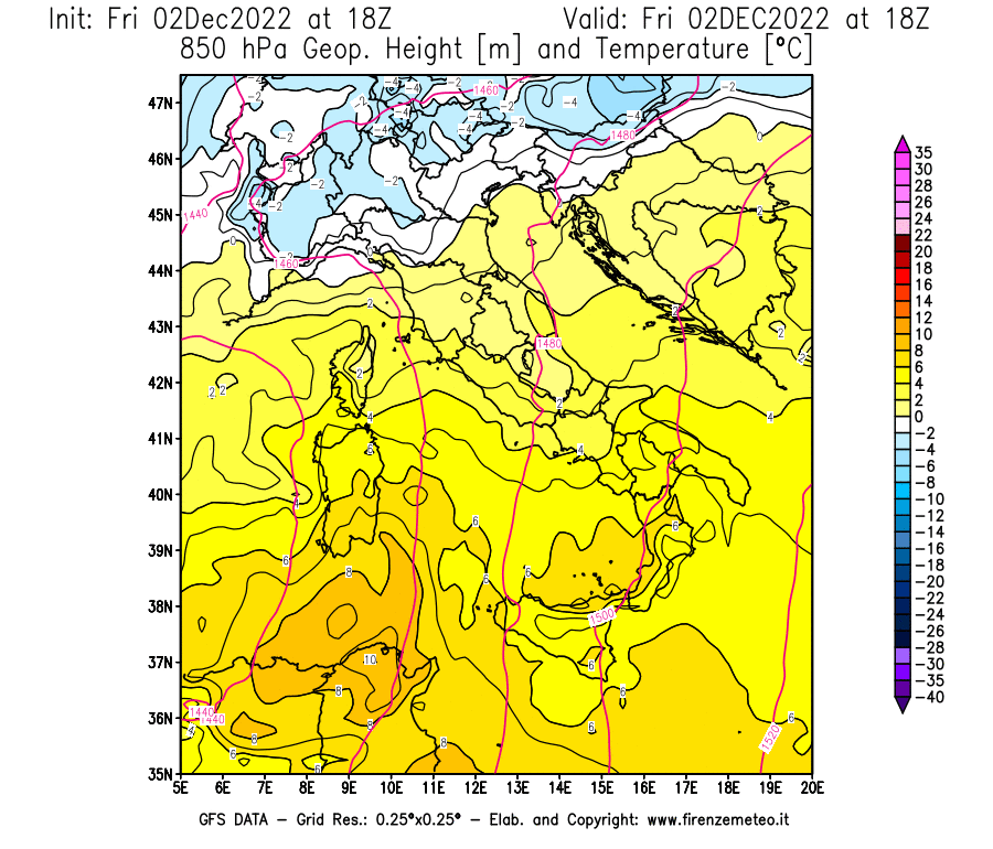 Mappa di analisi GFS - Geopotenziale [m] e Temperatura [°C] a 850 hPa in Italia
							del 02/12/2022 18 <!--googleoff: index-->UTC<!--googleon: index-->