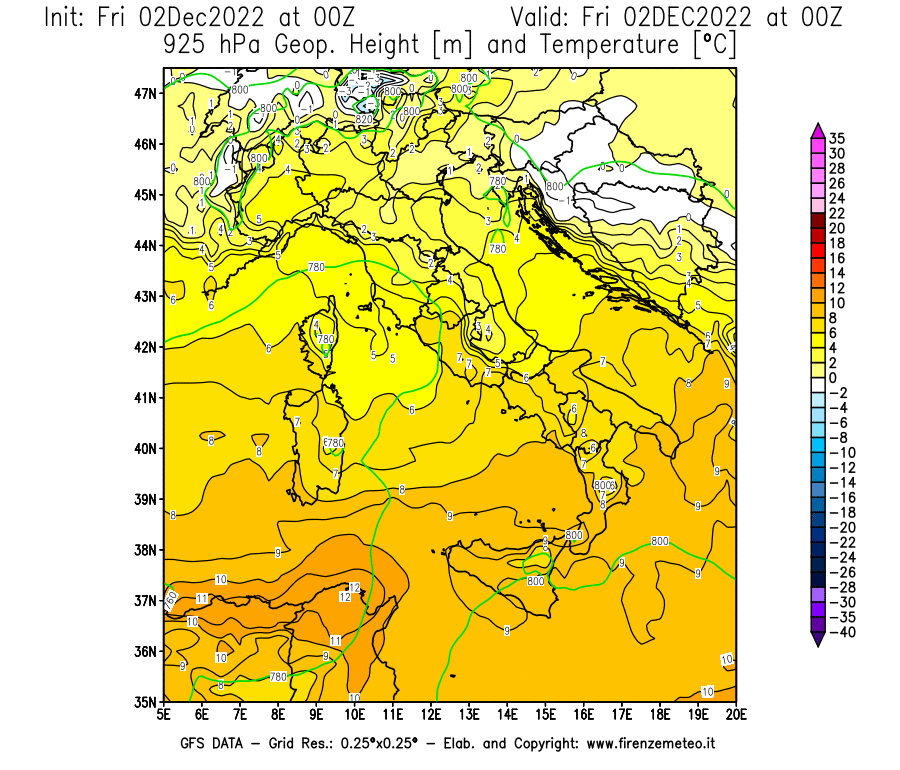 Mappa di analisi GFS - Geopotenziale [m] e Temperatura [°C] a 925 hPa in Italia
							del 02/12/2022 00 <!--googleoff: index-->UTC<!--googleon: index-->