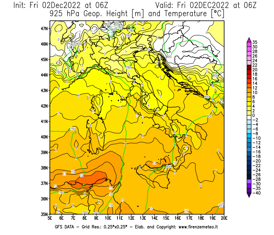 Mappa di analisi GFS - Geopotenziale [m] e Temperatura [°C] a 925 hPa in Italia
							del 02/12/2022 06 <!--googleoff: index-->UTC<!--googleon: index-->