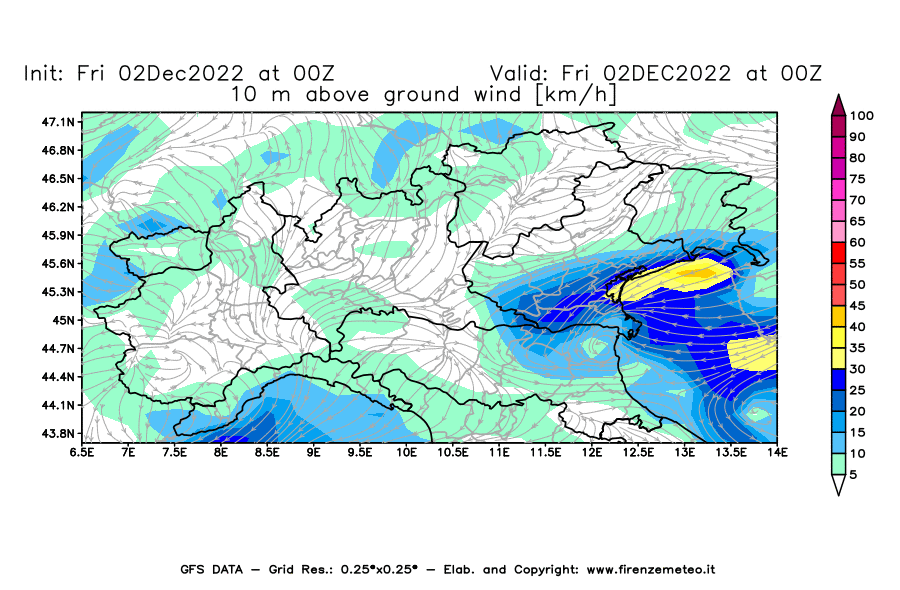 Mappa di analisi GFS - Velocità del vento a 10 metri dal suolo [km/h] in Nord-Italia
							del 02/12/2022 00 <!--googleoff: index-->UTC<!--googleon: index-->