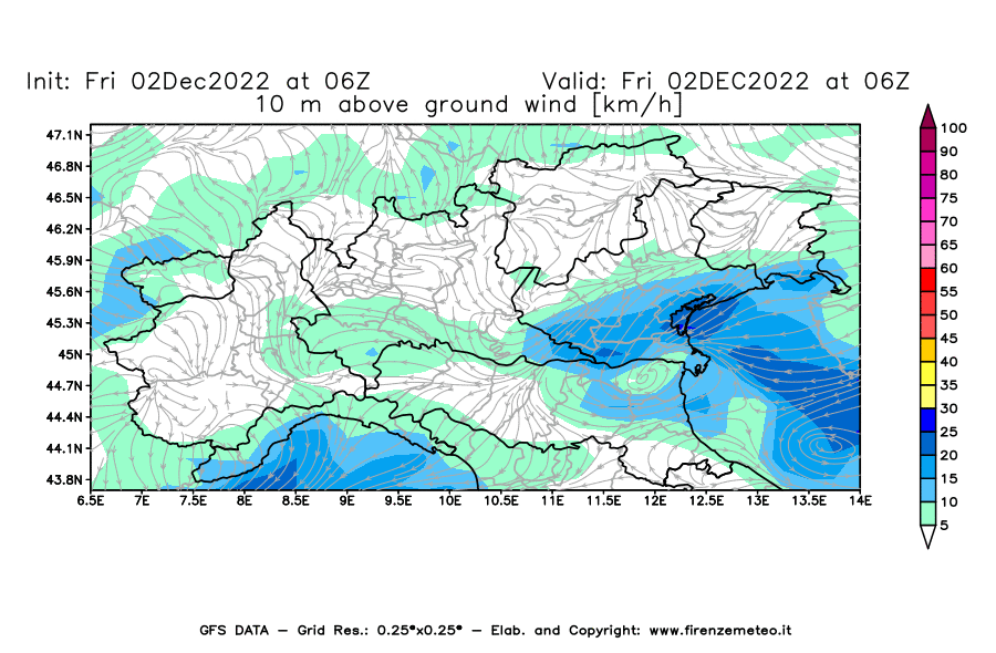 Mappa di analisi GFS - Velocità del vento a 10 metri dal suolo [km/h] in Nord-Italia
							del 02/12/2022 06 <!--googleoff: index-->UTC<!--googleon: index-->
