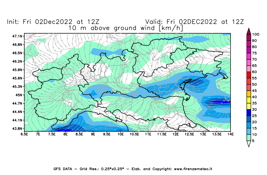 Mappa di analisi GFS - Velocità del vento a 10 metri dal suolo [km/h] in Nord-Italia
							del 02/12/2022 12 <!--googleoff: index-->UTC<!--googleon: index-->