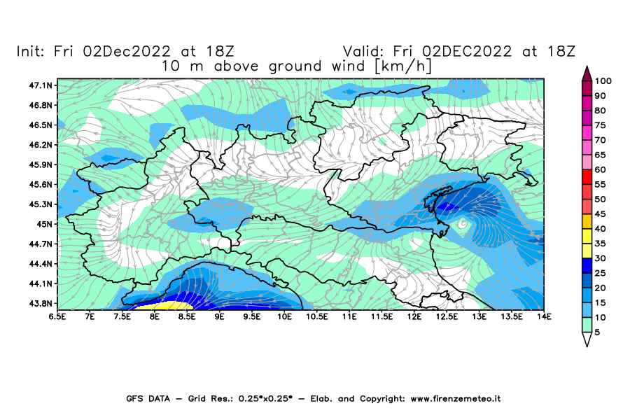 Mappa di analisi GFS - Velocità del vento a 10 metri dal suolo [km/h] in Nord-Italia
							del 02/12/2022 18 <!--googleoff: index-->UTC<!--googleon: index-->