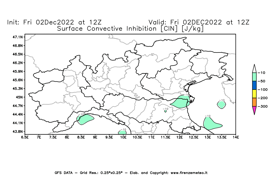 Mappa di analisi GFS - CIN [J/kg] in Nord-Italia
							del 02/12/2022 12 <!--googleoff: index-->UTC<!--googleon: index-->