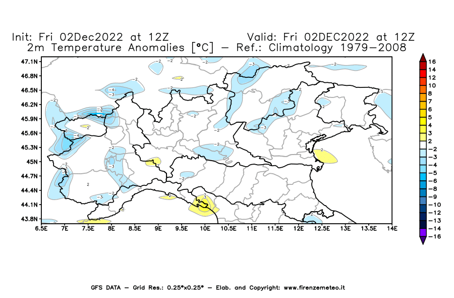 Mappa di analisi GFS - Anomalia Temperatura [°C] a 2 m in Nord-Italia
							del 02/12/2022 12 <!--googleoff: index-->UTC<!--googleon: index-->