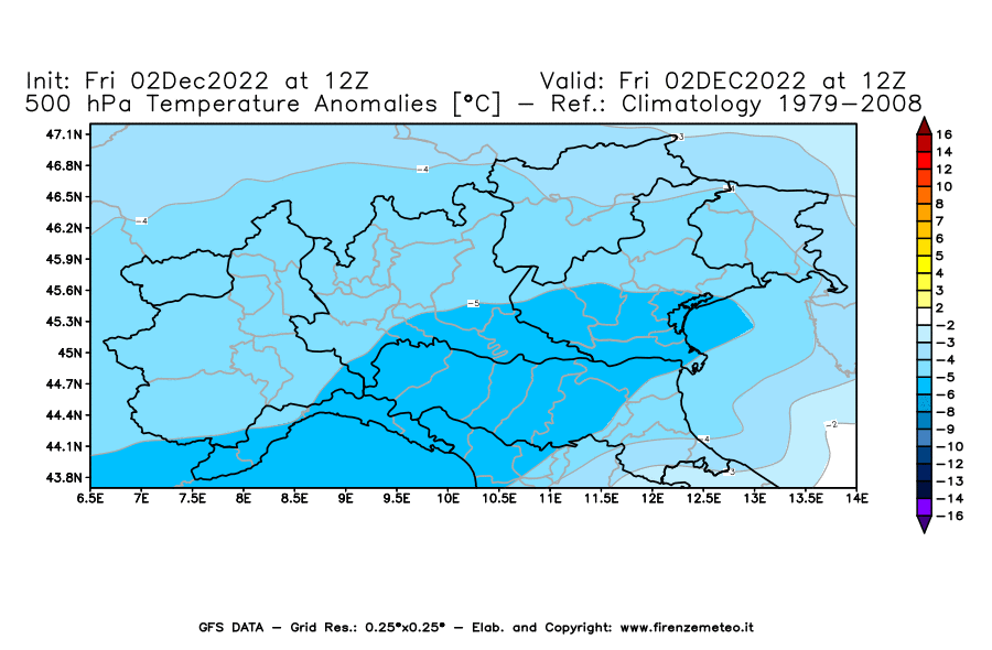 Mappa di analisi GFS - Anomalia Temperatura [°C] a 500 hPa in Nord-Italia
							del 02/12/2022 12 <!--googleoff: index-->UTC<!--googleon: index-->