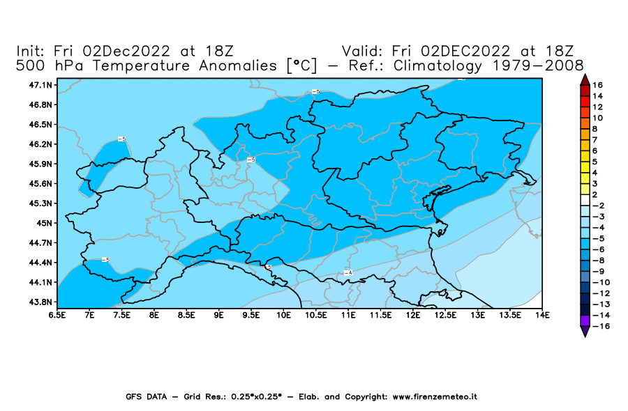 Mappa di analisi GFS - Anomalia Temperatura [°C] a 500 hPa in Nord-Italia
							del 02/12/2022 18 <!--googleoff: index-->UTC<!--googleon: index-->