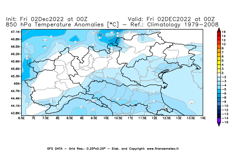 Mappa di analisi GFS - Anomalia Temperatura [°C] a 850 hPa in Nord-Italia
							del 02/12/2022 00 <!--googleoff: index-->UTC<!--googleon: index-->