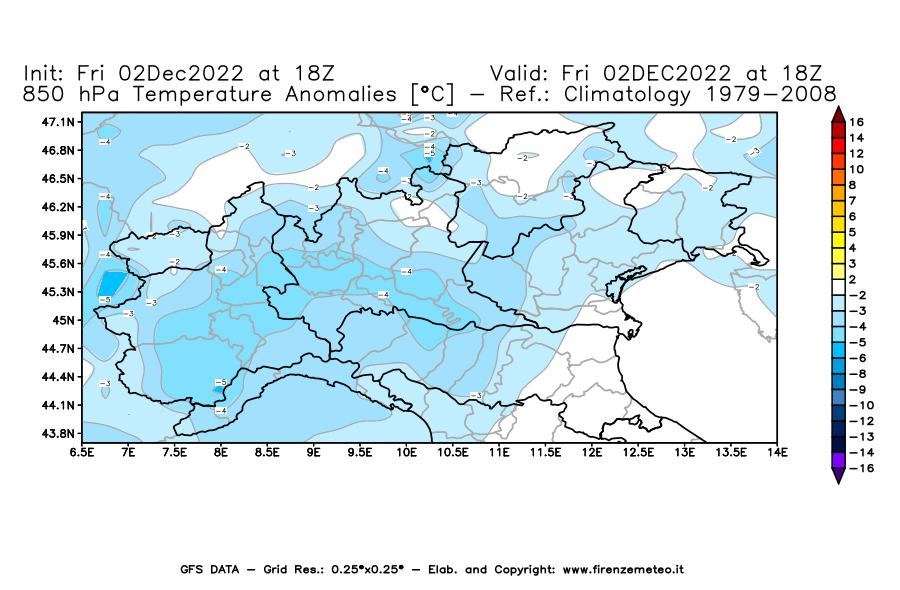 Mappa di analisi GFS - Anomalia Temperatura [°C] a 850 hPa in Nord-Italia
							del 02/12/2022 18 <!--googleoff: index-->UTC<!--googleon: index-->