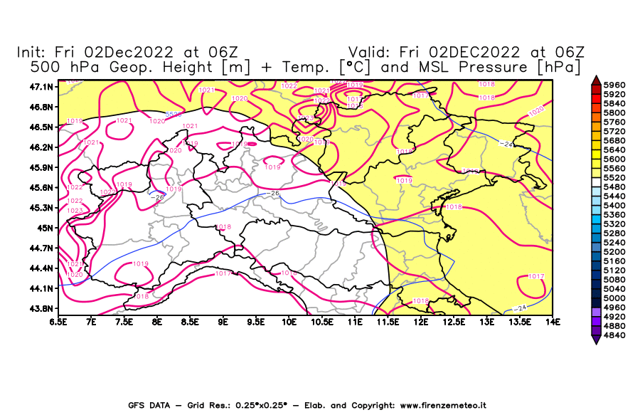 Mappa di analisi GFS - Geopotenziale [m] + Temp. [°C] a 500 hPa + Press. a livello del mare [hPa] in Nord-Italia
							del 02/12/2022 06 <!--googleoff: index-->UTC<!--googleon: index-->