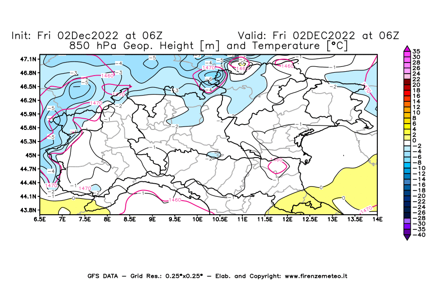 Mappa di analisi GFS - Geopotenziale [m] e Temperatura [°C] a 850 hPa in Nord-Italia
							del 02/12/2022 06 <!--googleoff: index-->UTC<!--googleon: index-->