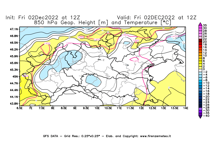 Mappa di analisi GFS - Geopotenziale [m] e Temperatura [°C] a 850 hPa in Nord-Italia
							del 02/12/2022 12 <!--googleoff: index-->UTC<!--googleon: index-->