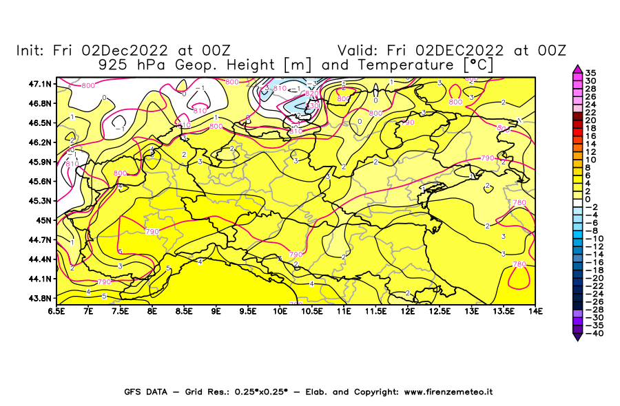 Mappa di analisi GFS - Geopotenziale [m] e Temperatura [°C] a 925 hPa in Nord-Italia
							del 02/12/2022 00 <!--googleoff: index-->UTC<!--googleon: index-->