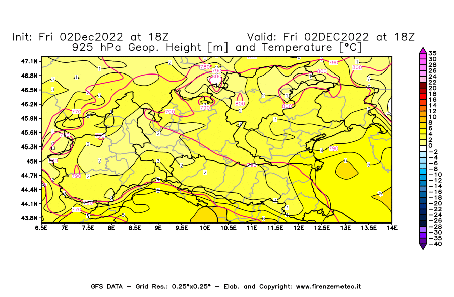Mappa di analisi GFS - Geopotenziale [m] e Temperatura [°C] a 925 hPa in Nord-Italia
							del 02/12/2022 18 <!--googleoff: index-->UTC<!--googleon: index-->