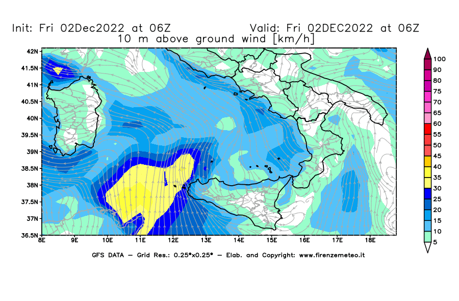 Mappa di analisi GFS - Velocità del vento a 10 metri dal suolo [km/h] in Sud-Italia
							del 02/12/2022 06 <!--googleoff: index-->UTC<!--googleon: index-->