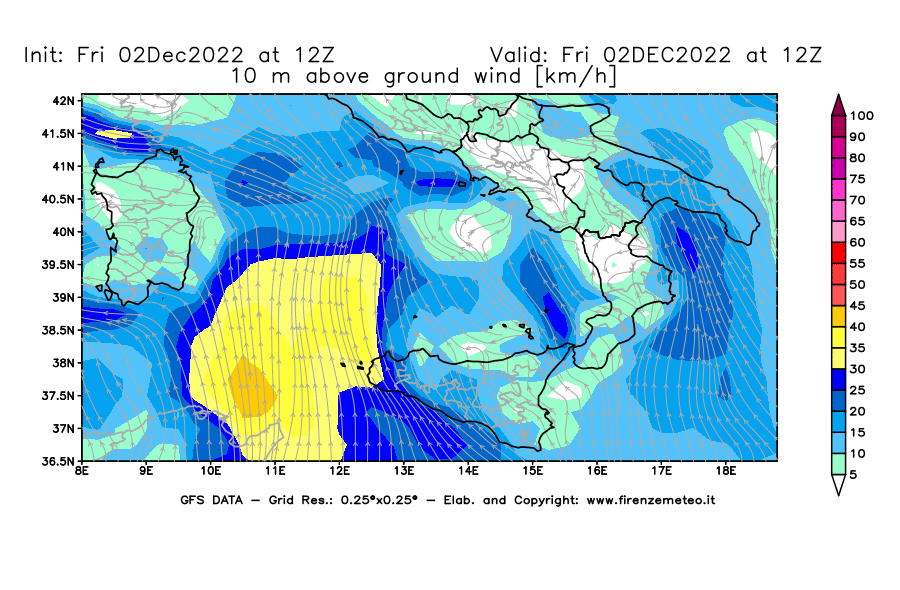 Mappa di analisi GFS - Velocità del vento a 10 metri dal suolo [km/h] in Sud-Italia
							del 02/12/2022 12 <!--googleoff: index-->UTC<!--googleon: index-->