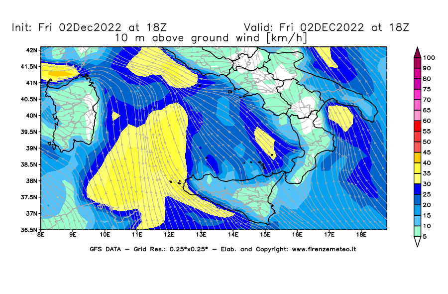 Mappa di analisi GFS - Velocità del vento a 10 metri dal suolo [km/h] in Sud-Italia
							del 02/12/2022 18 <!--googleoff: index-->UTC<!--googleon: index-->