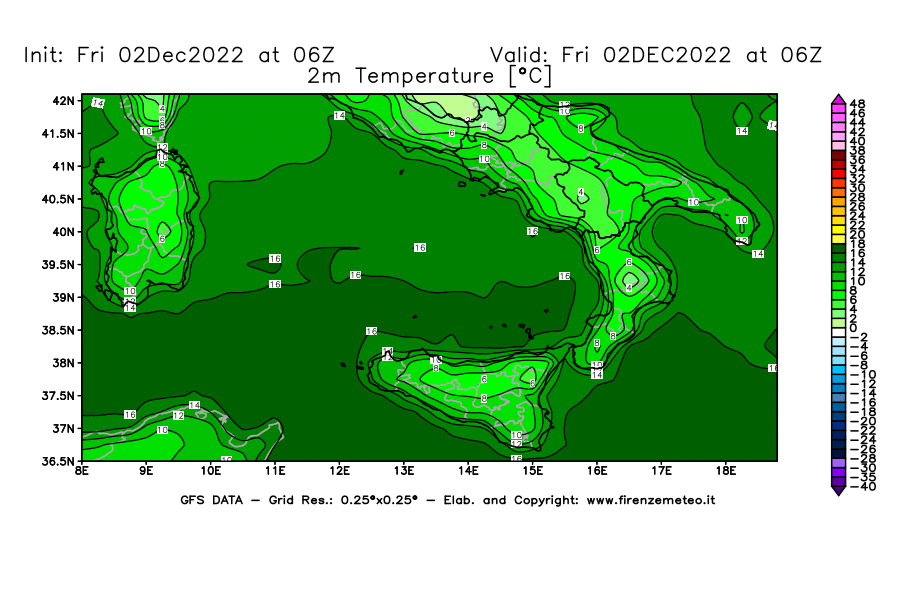 Mappa di analisi GFS - Temperatura a 2 metri dal suolo [°C] in Sud-Italia
							del 02/12/2022 06 <!--googleoff: index-->UTC<!--googleon: index-->